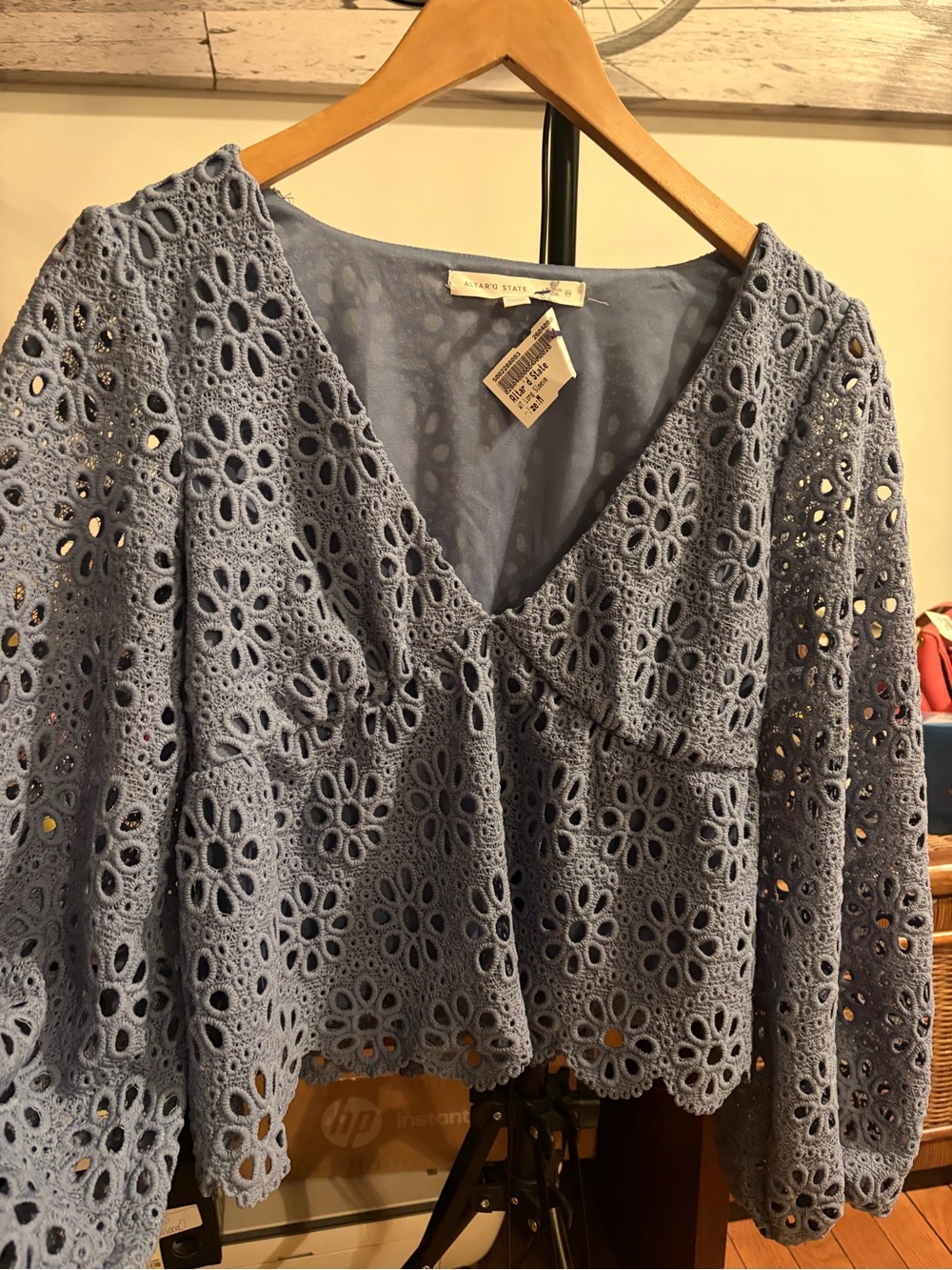 Altar'd State Long Sleeve Blue Crochet V-Neck Peplum Blouse, Size Medium - Picture 4 of 10